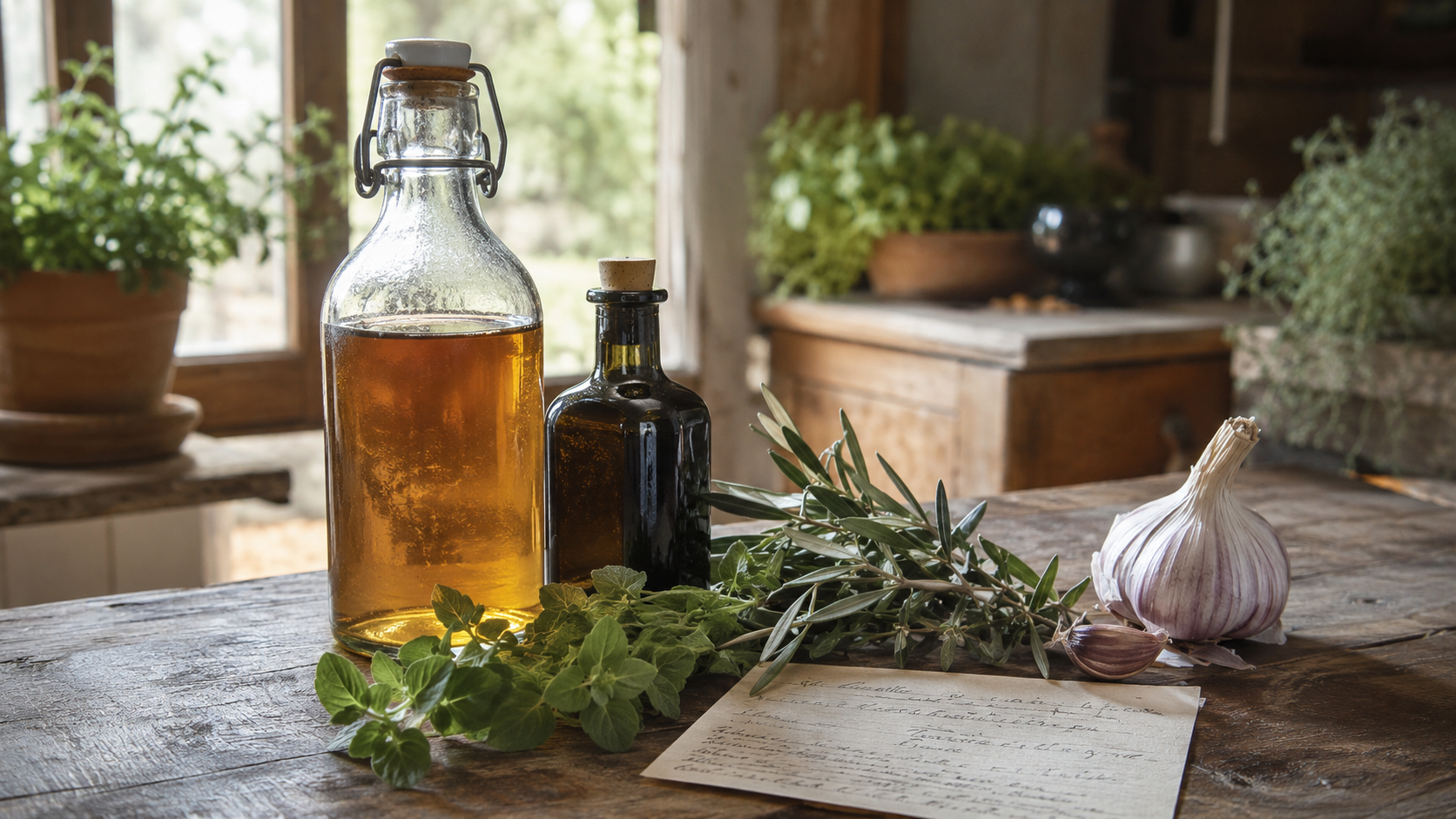 Placeholder for hero photo: a rustic wooden kitchen table with an old bottle of apple cider vinegar, a small bottle of oil, fresh herbs, garlic, and a handwritten recipe card in warm morning light. (Replace with hero.jpg)