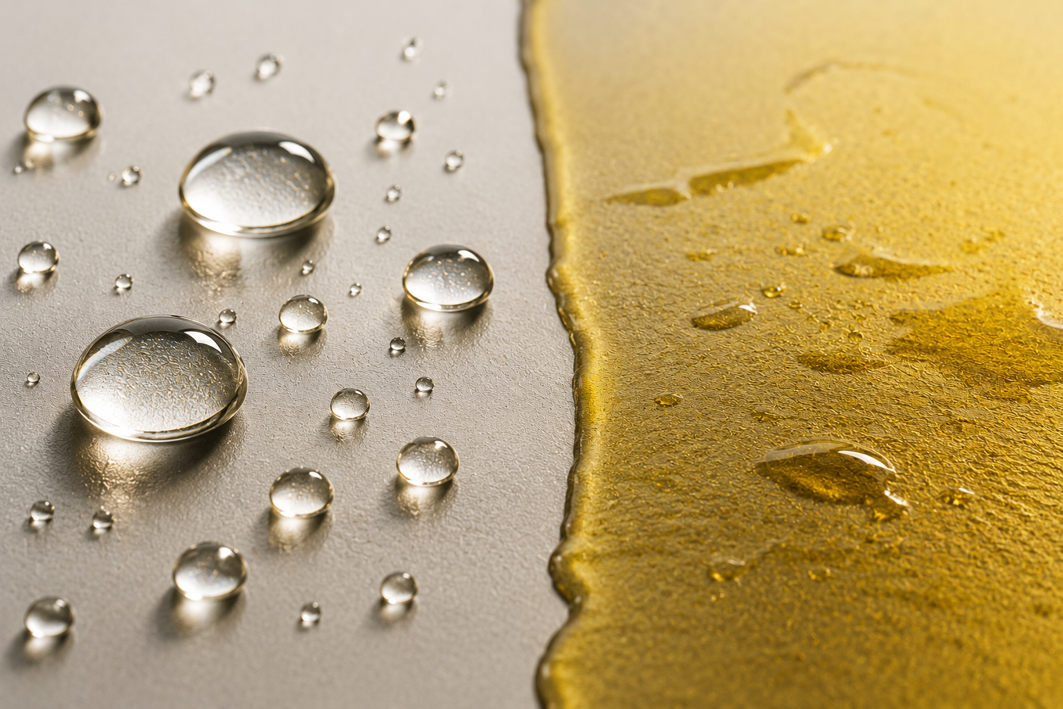 Placeholder macro photo illustrating water beading and sliding off an oily surface, next to oil spreading and soaking in. (Replace with oil-water.jpg)